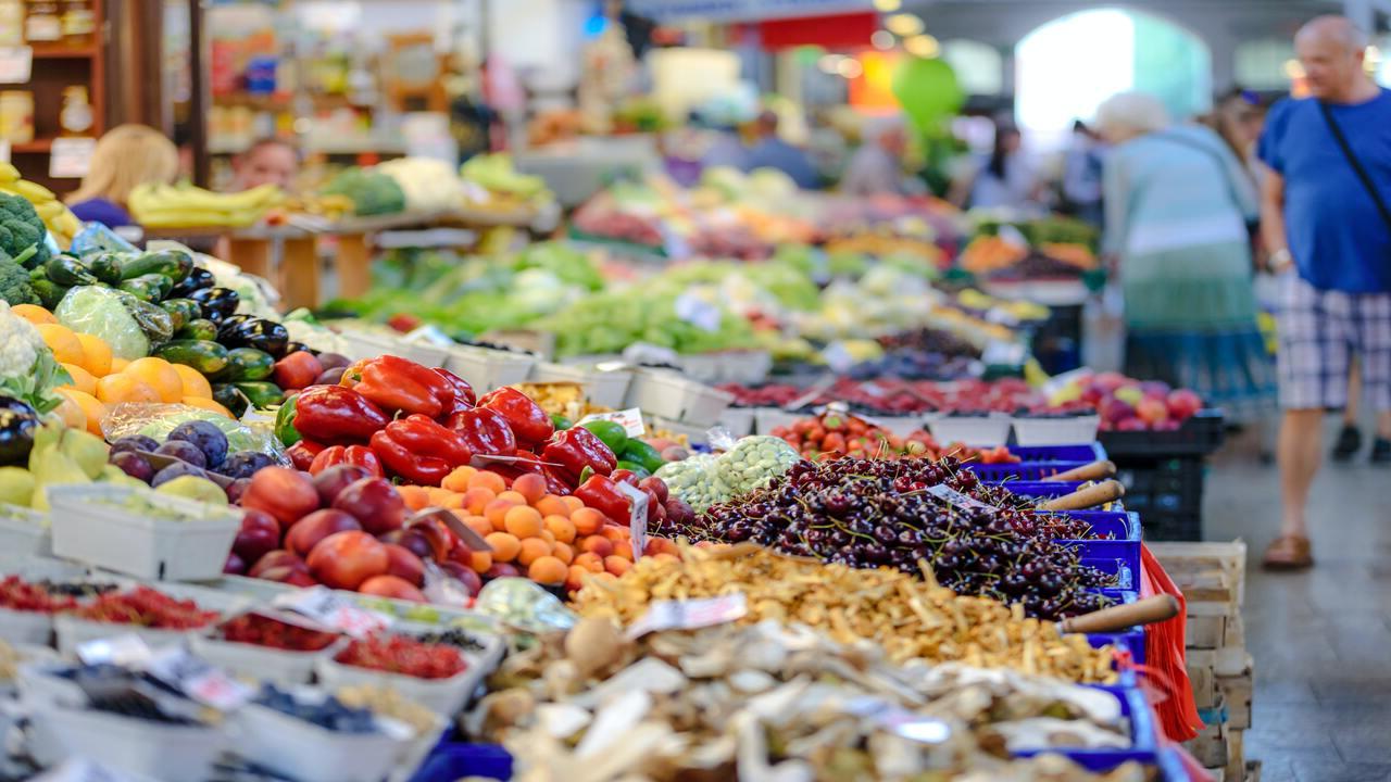 Fruits and vegetables in the produce section of a grocery store